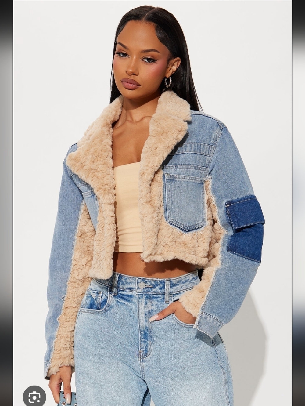 Fashion Nova Women's 100% Cotton Blue Denim & Cream Faux Fur Crop Jacket_1X